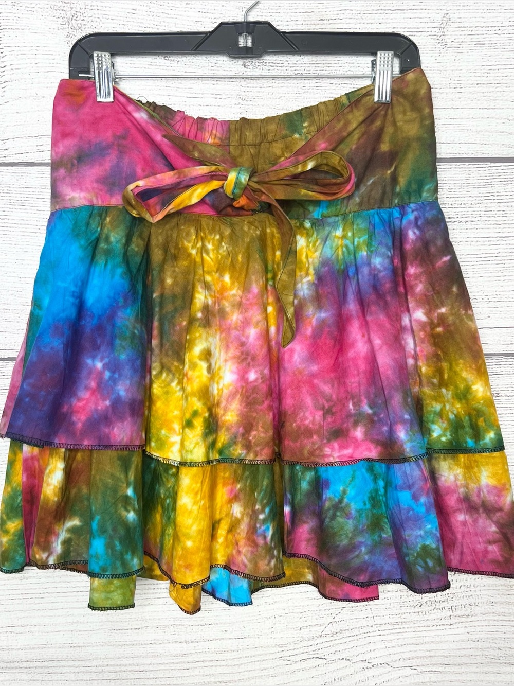 Vintage Rainbow Tie-Dye Multicolor Tiered Flowy Festival Mini Skirt Size Medium
